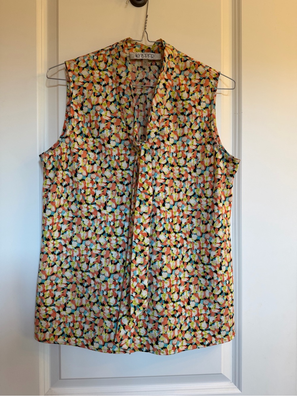 Kasper Sleeveless V-Neck Blouse in Orange, Yellow, Green & Blue